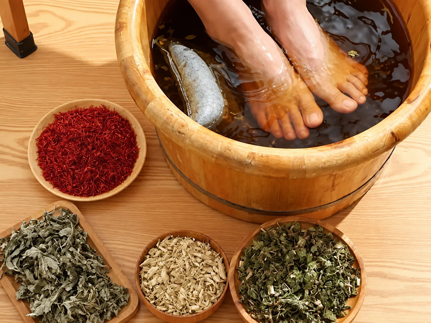 Warm herbal foot soak and reflexology treatment